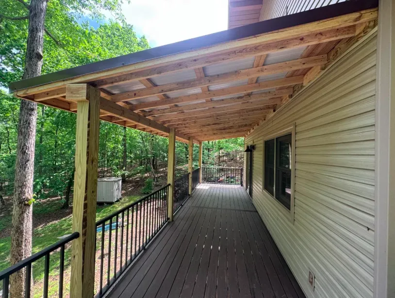 376 sq ft Armadillo composite deck with metal porch roof Fayetteville AR — JHG Contracting LLC